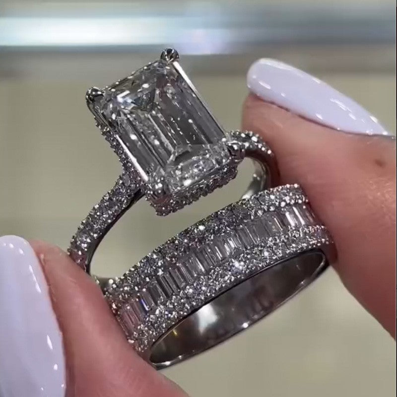 4.5Ct Emerald Cut Wedding Ring Set With Emerald Cut Wedding Band