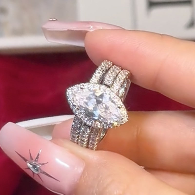 3PC 3.0Ct Simulated Diamond Halo Marquise Cut Wedding Ring With Eternity Wedding Bands