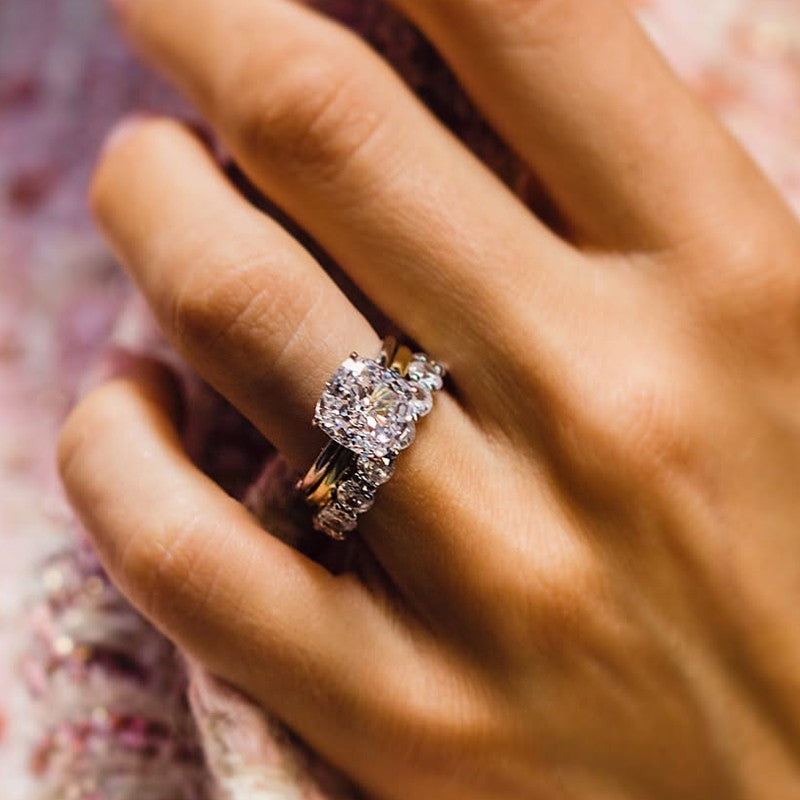 3PC 3.5Ct Cushion Cut Wedding Ring Set With Cushion Cut Wedding Band & Plain Wedding Band