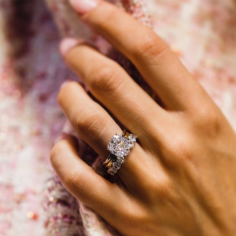 3PC 3.5Ct Cushion Cut Wedding Ring Set With Cushion Cut Wedding Band & Plain Wedding Band