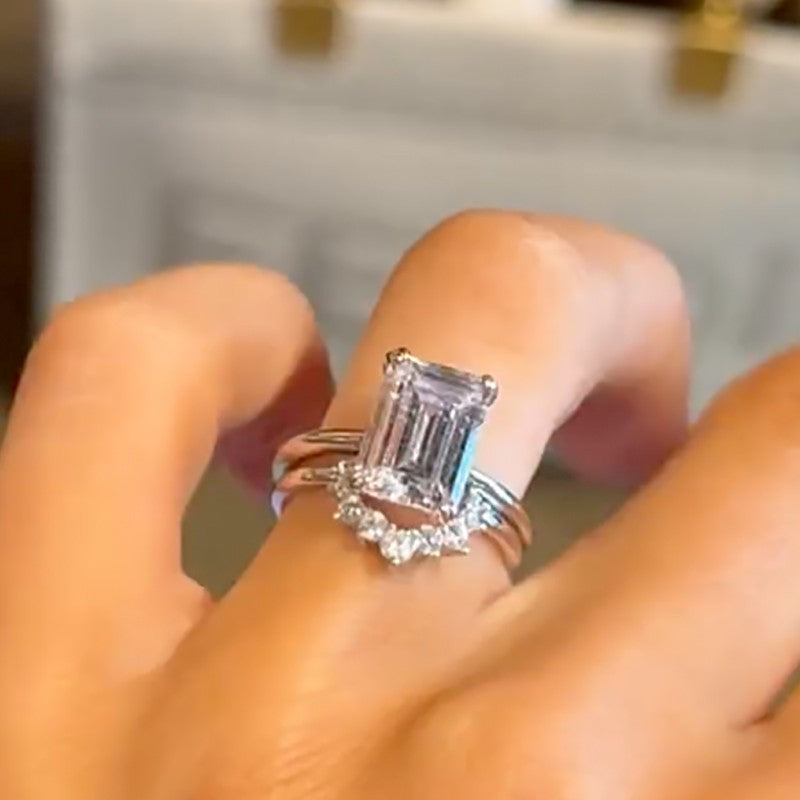 3.5Ct Emerald Cut Wedding Ring Set With Curved Wedding Band