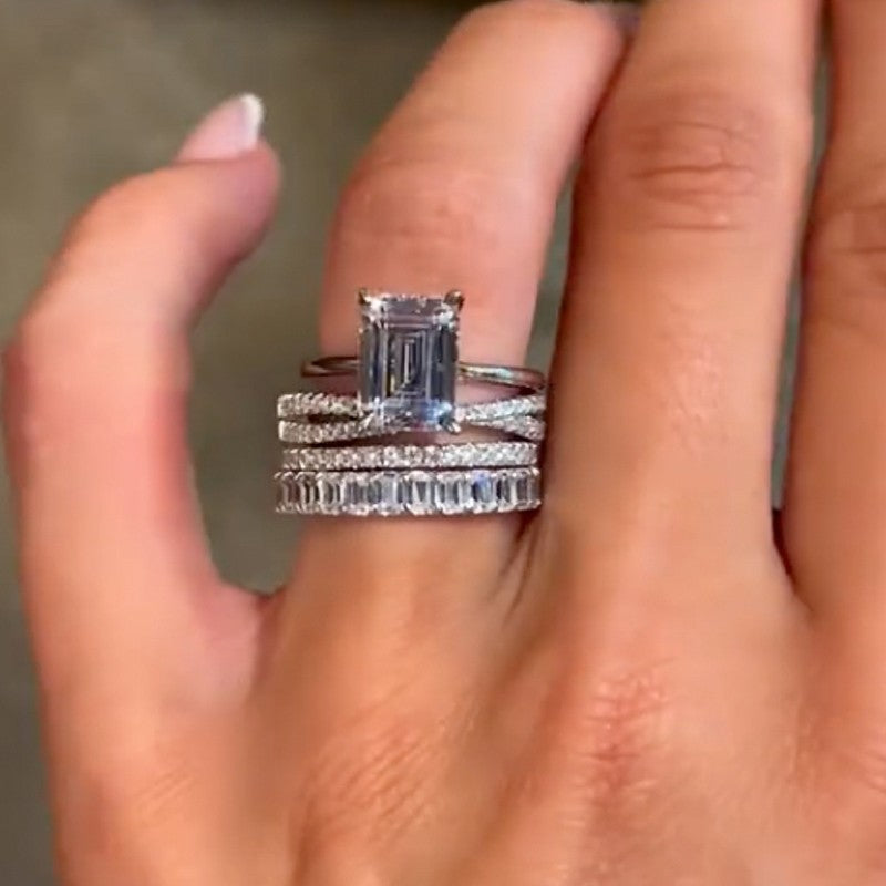 4PC 3.5Ct Emerald Cut Wedding Ring Set Travel Ring With Three Wedding Bands