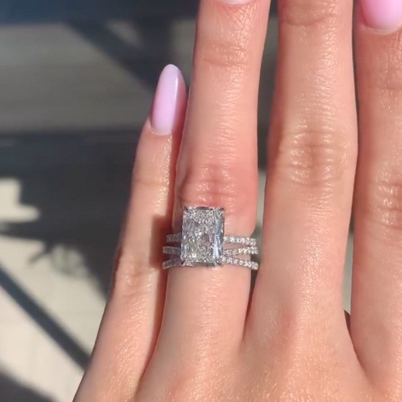 3.5Ct Radiant Cut Simulated Diamond Wedding Ring Set With Criss Cross Wedding Band
