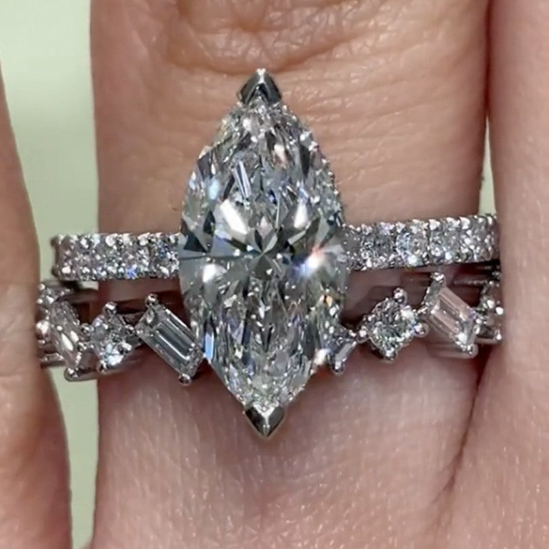 4.0Ct Marquise Cut Wedding Ring Set With Emerald Cut & Cushion Cut Wedding Band