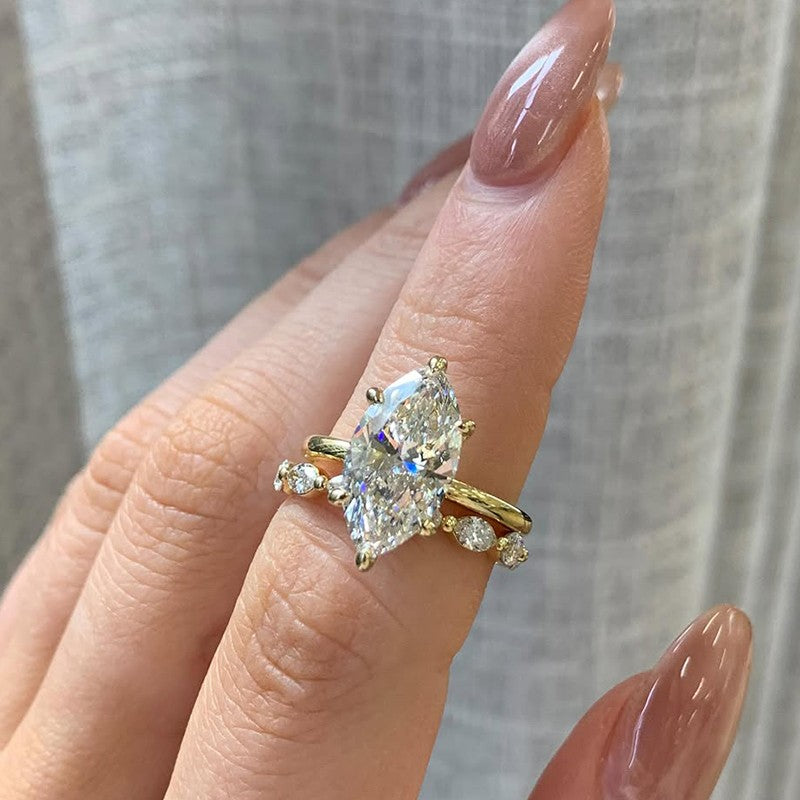 4.0Ct Marquise Cut Simulated Diamond Wedding Ring Set With Marquise Cut Wedding Band