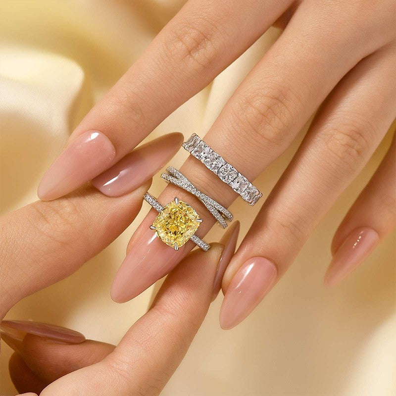 4.5Ct Yellow Stone Cushion Cut 3PC Wedding Ring Set In Sterling Silver