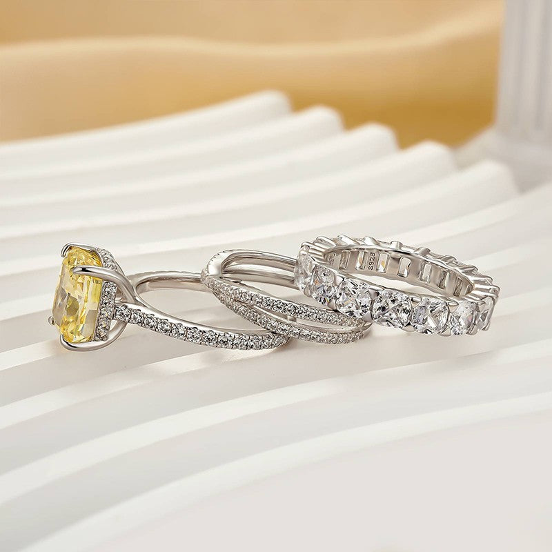 4.5Ct Yellow Stone Cushion Cut 3PC Wedding Ring Set In Sterling Silver