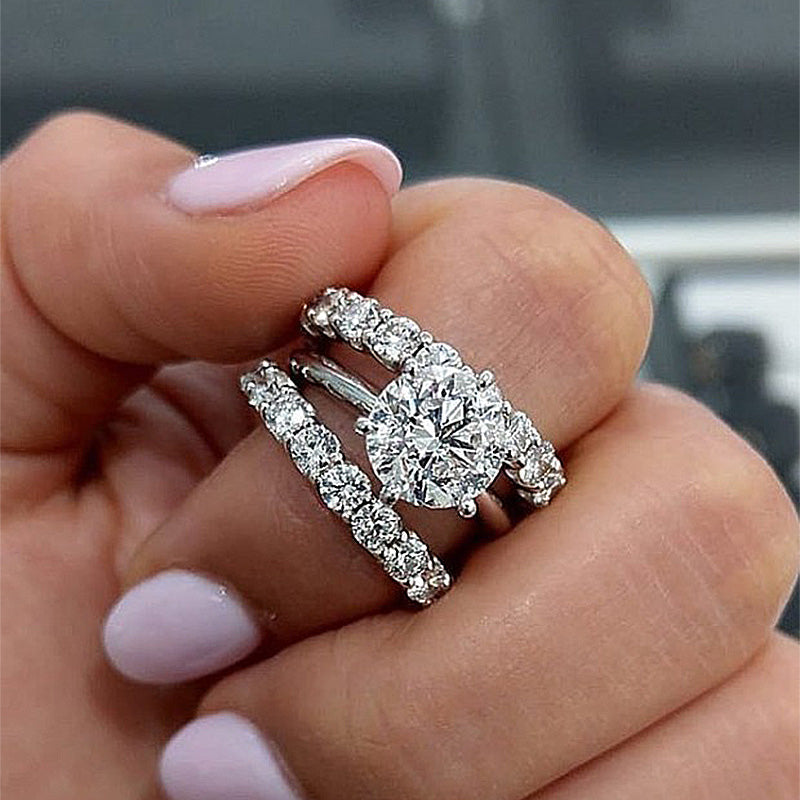 Classic Round Cut 3-Pieces Wedding Set In Sterling Silver