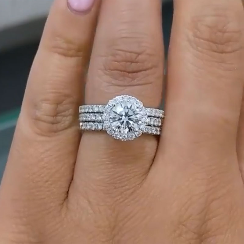 Classic Round Cut Halo 3-Pieces Wedding Set In Sterling Silver