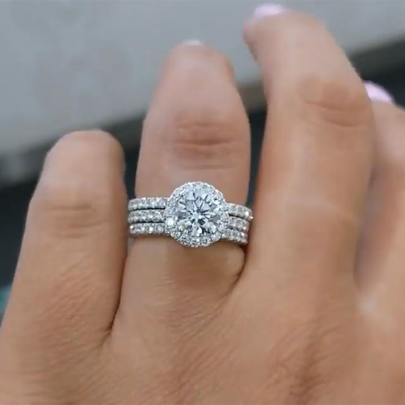 Classic Round Cut Halo 3-Pieces Wedding Set In Sterling Silver