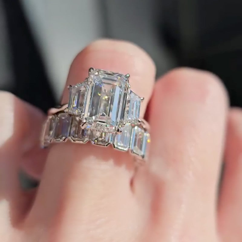 2PC 4.5Ct Three Stone Emerald Cut Wedding Ring Set With Emerald Cut Wedding Band