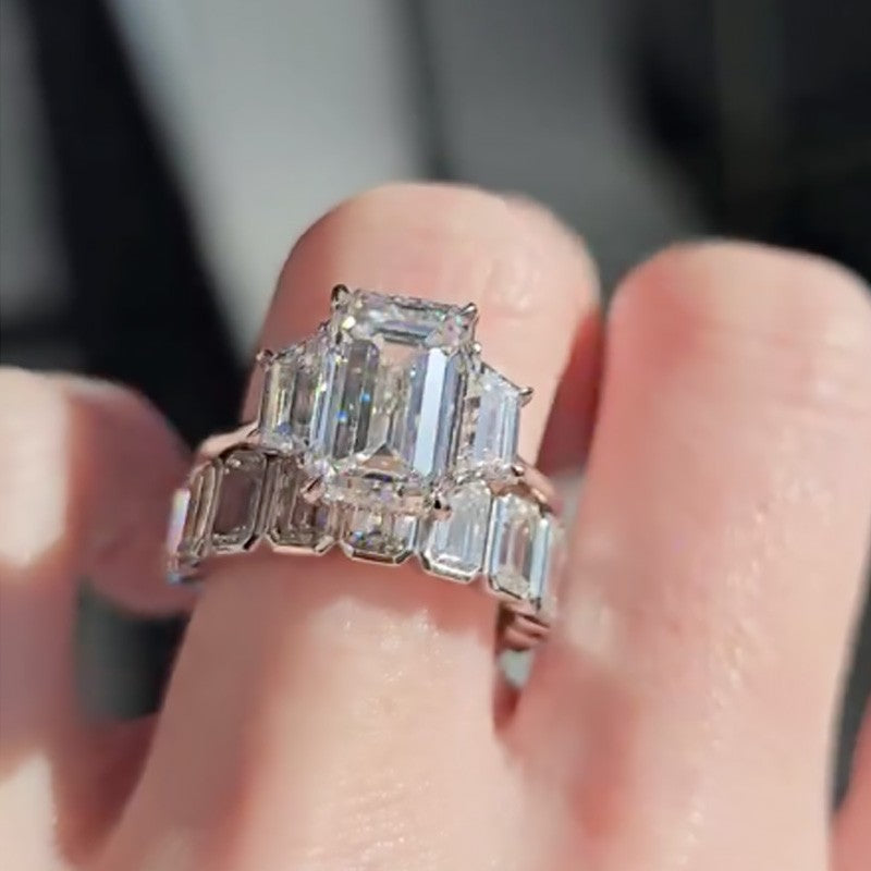 2PC 4.5Ct Three Stone Emerald Cut Wedding Ring Set With Emerald Cut Wedding Band