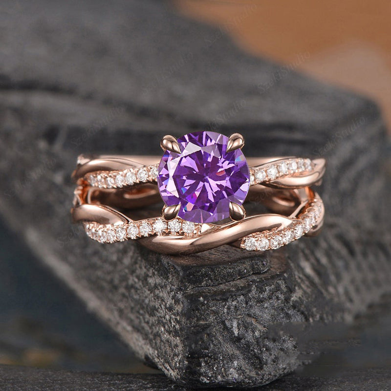 Rose Gold Twist Round Cut Amethyst Purple Wedding Set In Sterling Silver