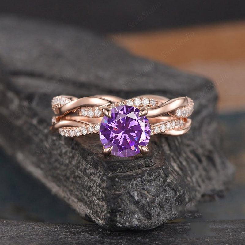Rose Gold Twist Round Cut Amethyst Purple Wedding Set In Sterling Silver