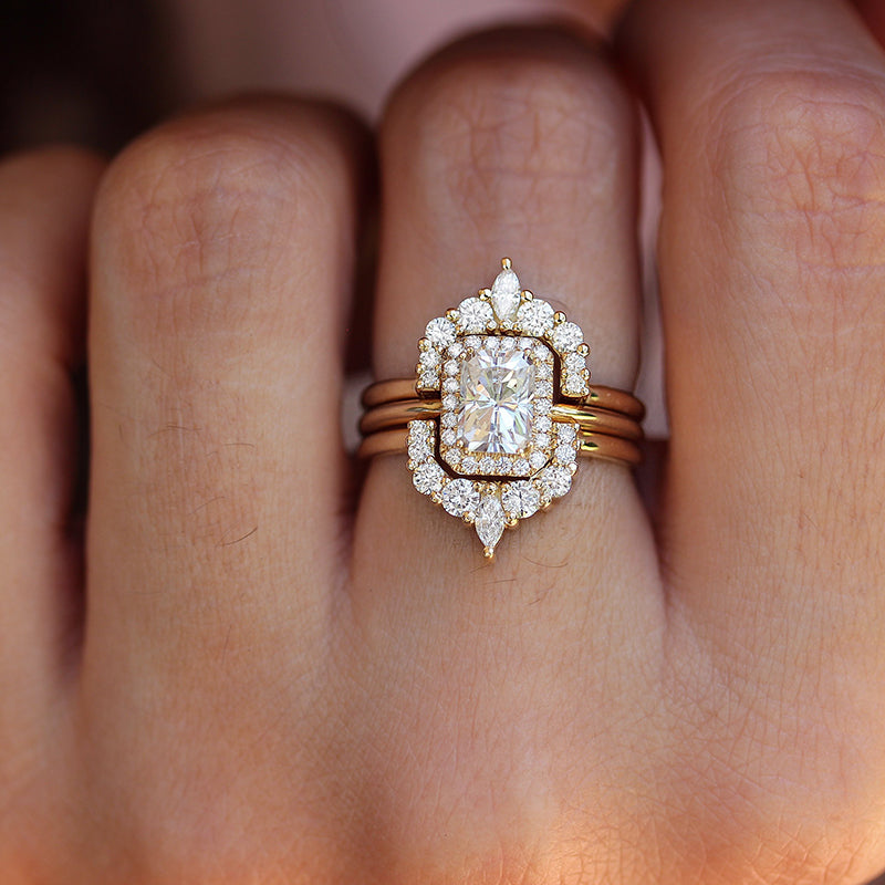 Luxurious Yellow Gold Halo Radiant Cut 3PC Wedding Set for Women In Sterling Silver