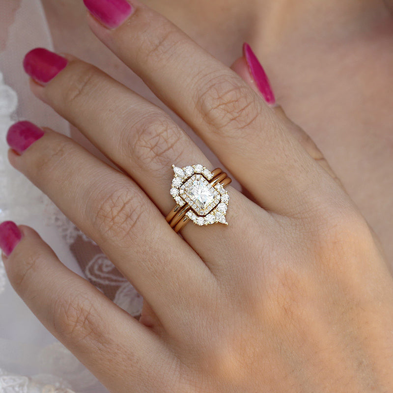 Luxurious Yellow Gold Halo Radiant Cut 3PC Wedding Set for Women In Sterling Silver