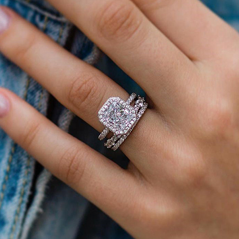 Gorgeous Halo Radiant Cut 3PC Wedding Ring Set For Women In Sterling Silver