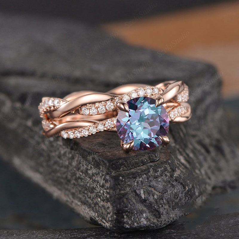 Rose Gold Twist Round Cut Alexandrite Wedding Set In Sterling Silver
