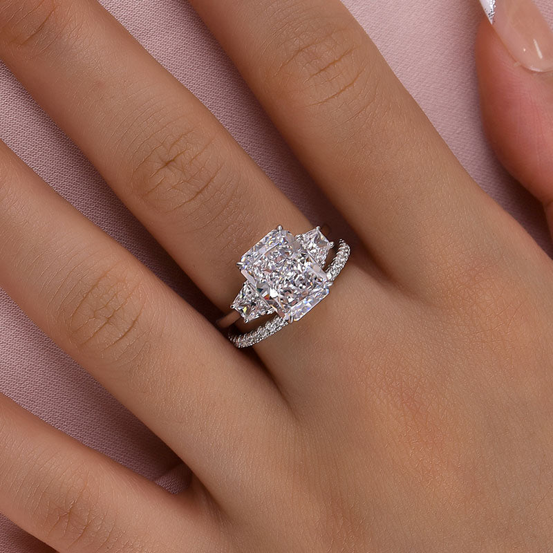 Romantic Three Stone Radiant Cut Wedding Ring Set In Sterling Silver