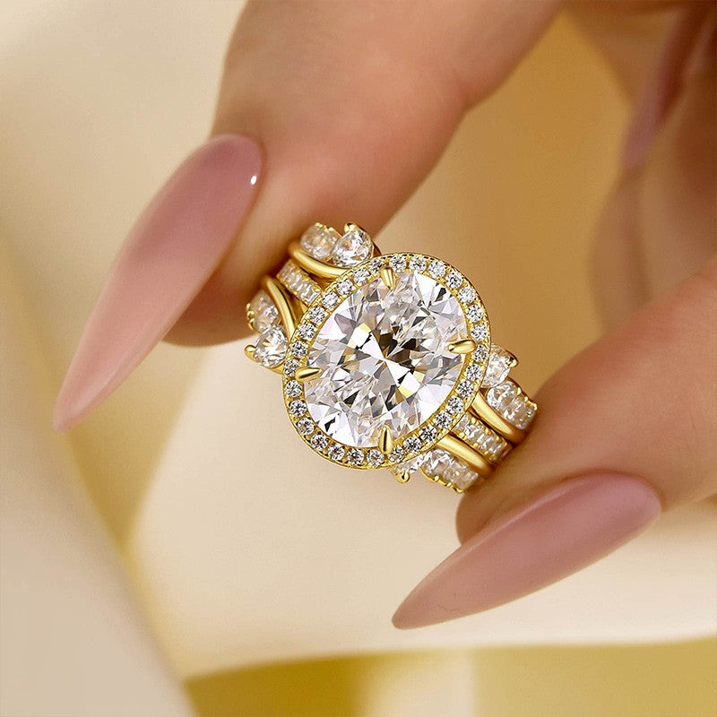 4.25Ct Halo Oval Cut Insert Wedding Ring Set With Vintage Jacket Wedding Band