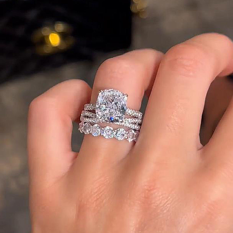 Luxurious Cushion Cut 3PC Wedding Ring Set In Sterling Silver