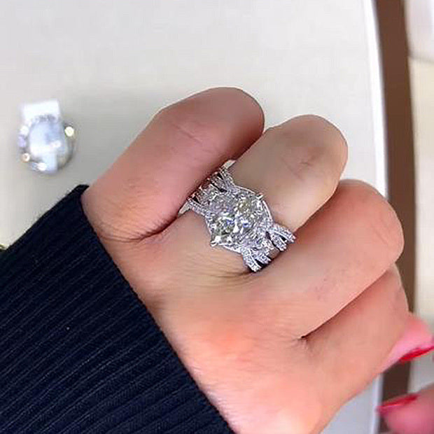 Vintage Marquise Cut Insert Wedding Ring Set For Women In Sterling Silver