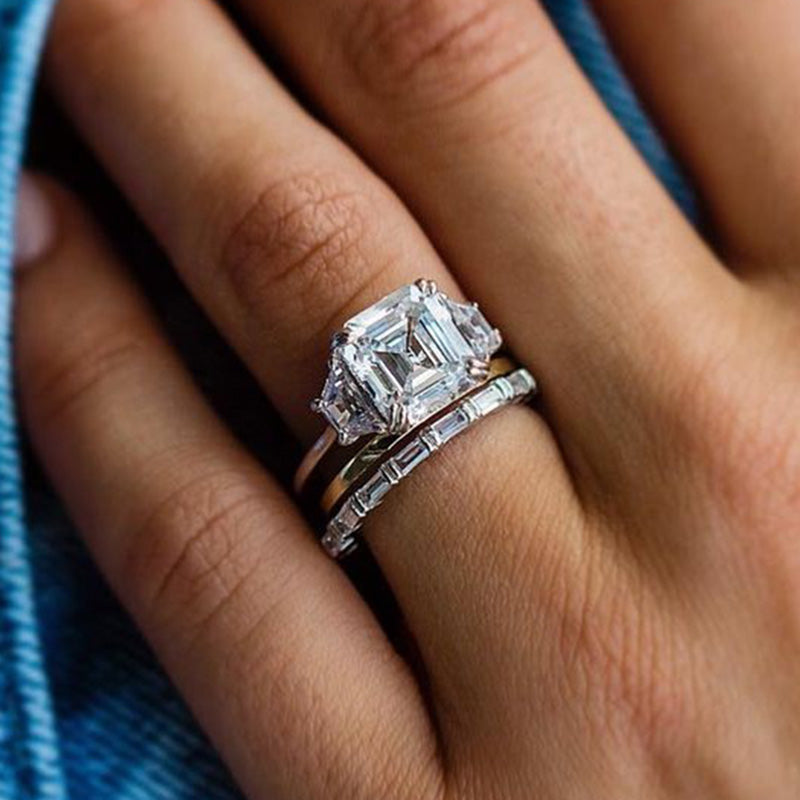 Exclusive Asscher Cut Three Stone 3PC Wedding Ring Set In Sterling Silver