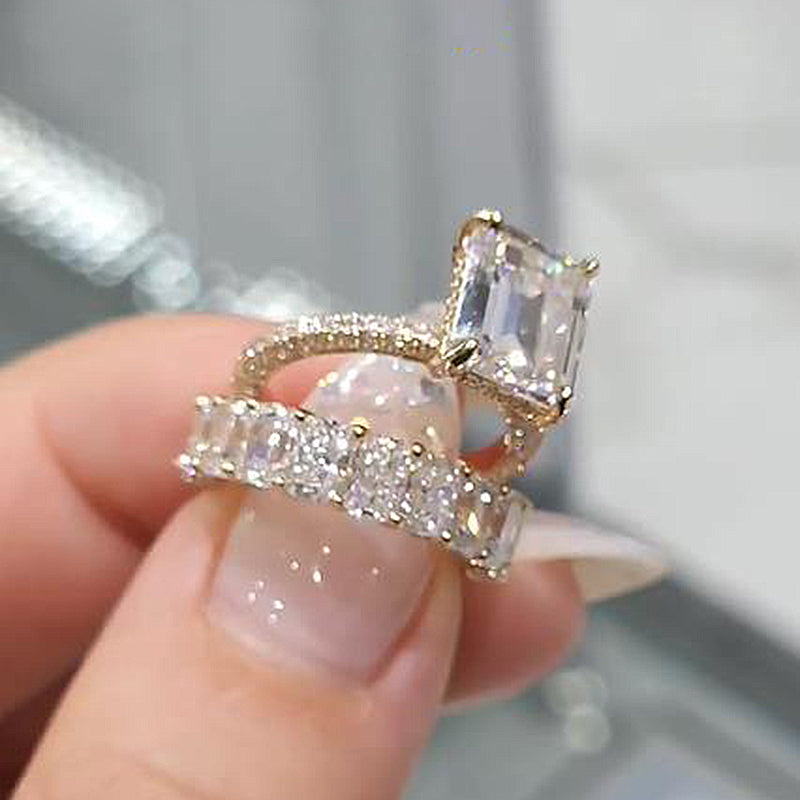 Ahabobo Emerald Cut Wedding Ring Set In Sterling Silver