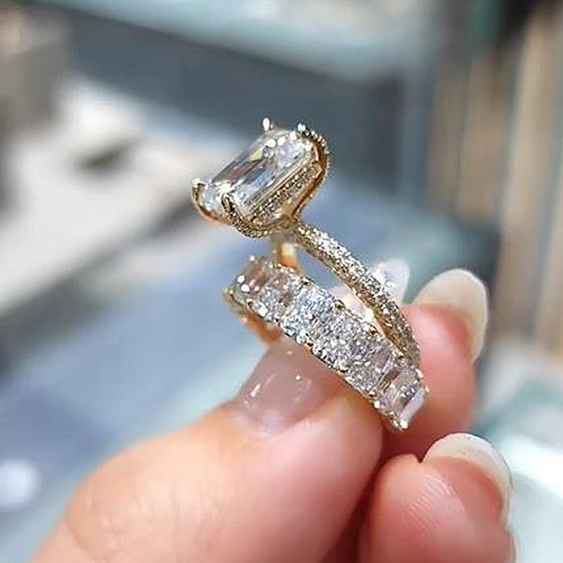 Ahabobo Emerald Cut Wedding Ring Set In Sterling Silver