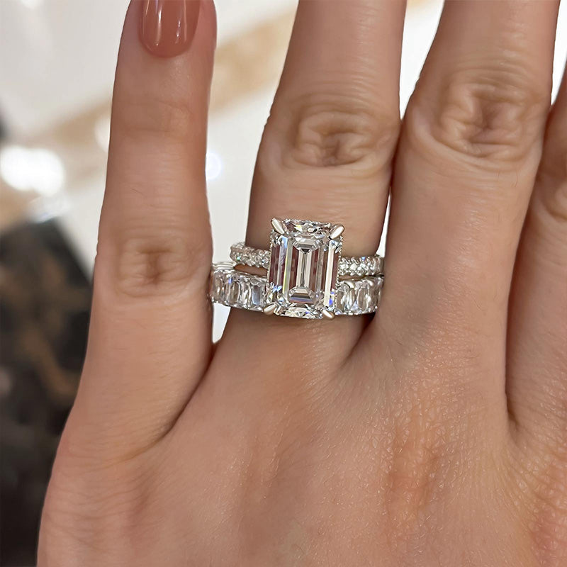 Ahabobo Emerald Cut Wedding Ring Set In Sterling Silver