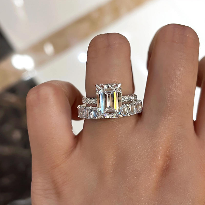 Ahabobo Emerald Cut Wedding Ring Set In Sterling Silver