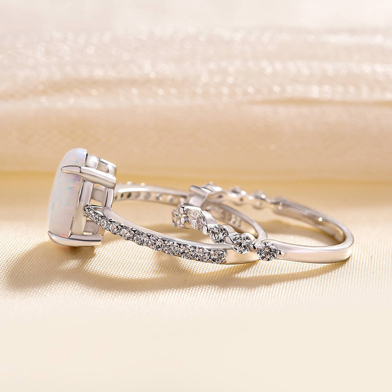 Unique Oval Cut Opal Stone Wedding Ring Set In Sterling Silver