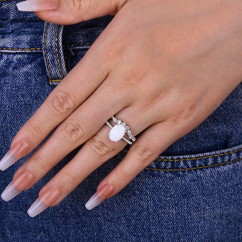 Unique Oval Cut Opal Stone Wedding Ring Set In Sterling Silver