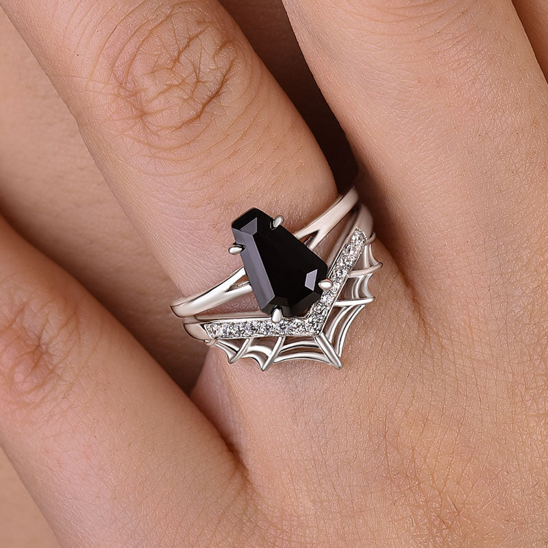Unique Split Shank Coffin Cut Wedding Ring Set For Women In Sterling Silver