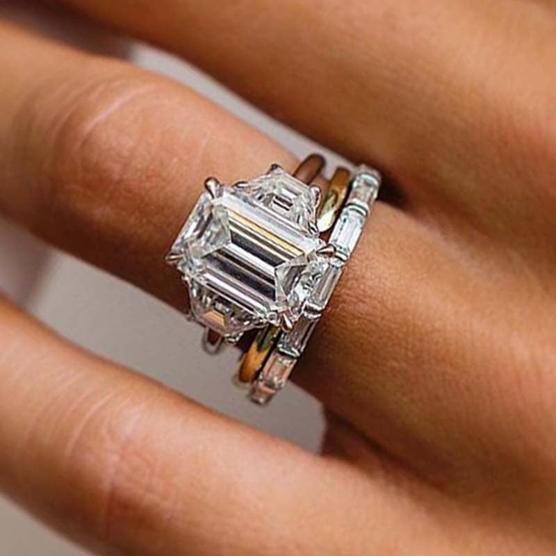 Ahabobo Honorable Three Stone Emerald Cut 3PC Wedding Set