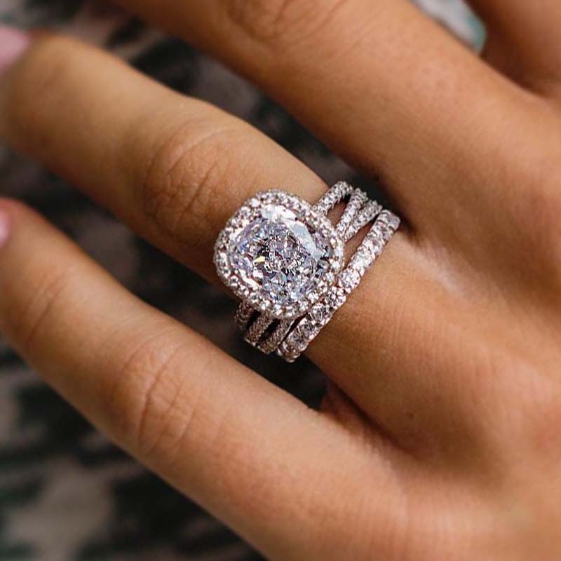 Attractive Halo Cushion Cut 3PC Wedding Set