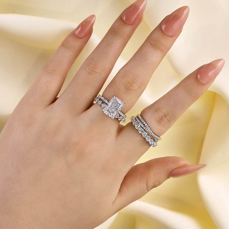 Excellent Crushed Ice Radiant Cut 4PC Wedding Ring Set
