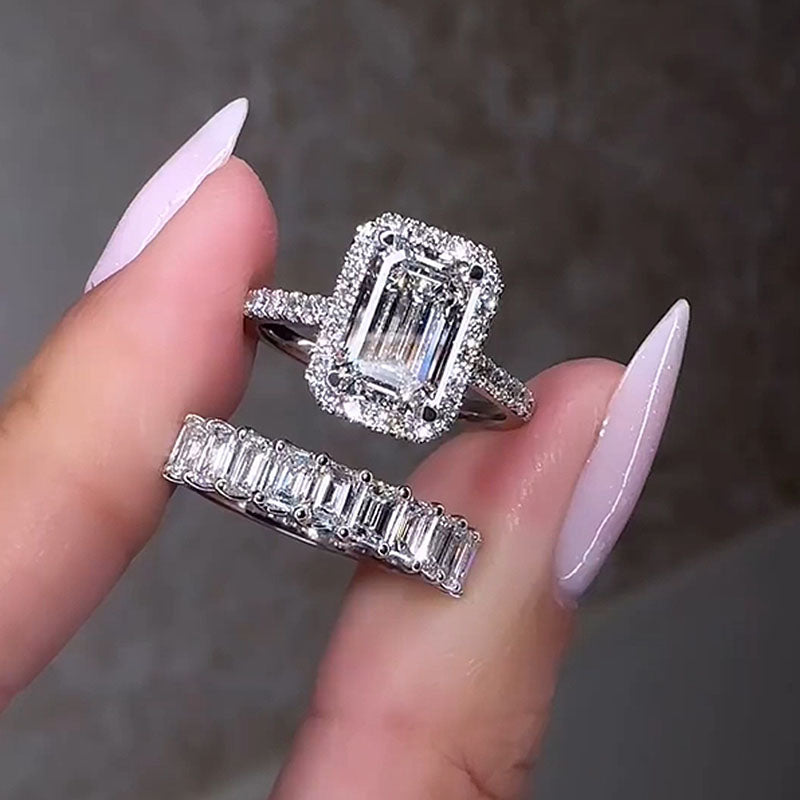 Ahabobo Stunning Halo Emerald Cut Wedding Ring Set
