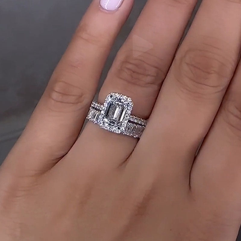Ahabobo Stunning Halo Emerald Cut Wedding Ring Set
