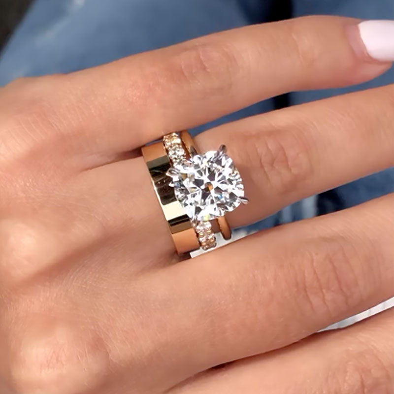 Ahabobo 3PC Yellow Gold Cushion Cut Women's Wedding Ring Set With Wide Wedding Band