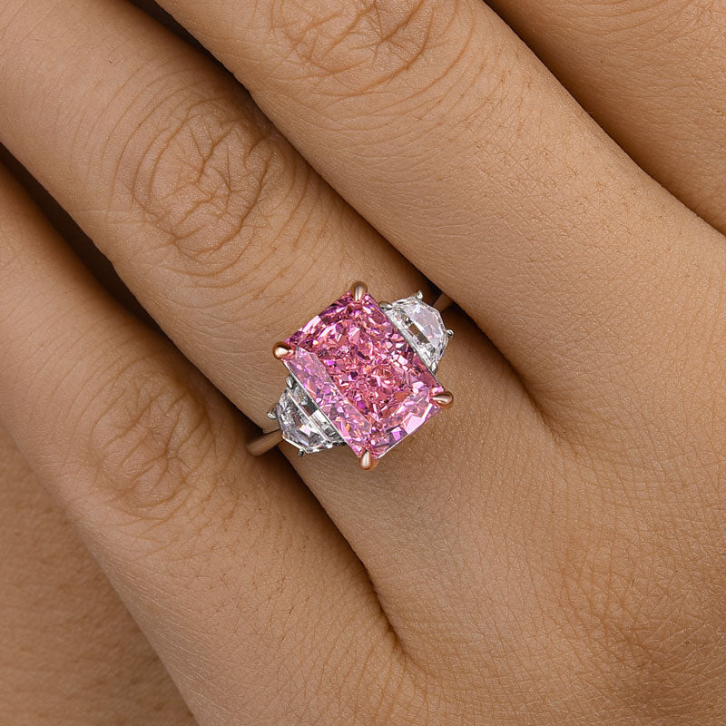 Maxine Gorgeous Pink Stone Radiant Cut Three Stone Engagement Ring