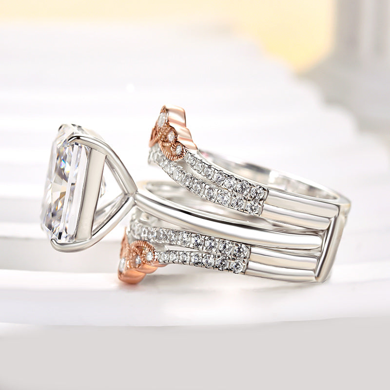 Special Two-tone Crown Design Radiant Cut Insert Wedding Ring Set