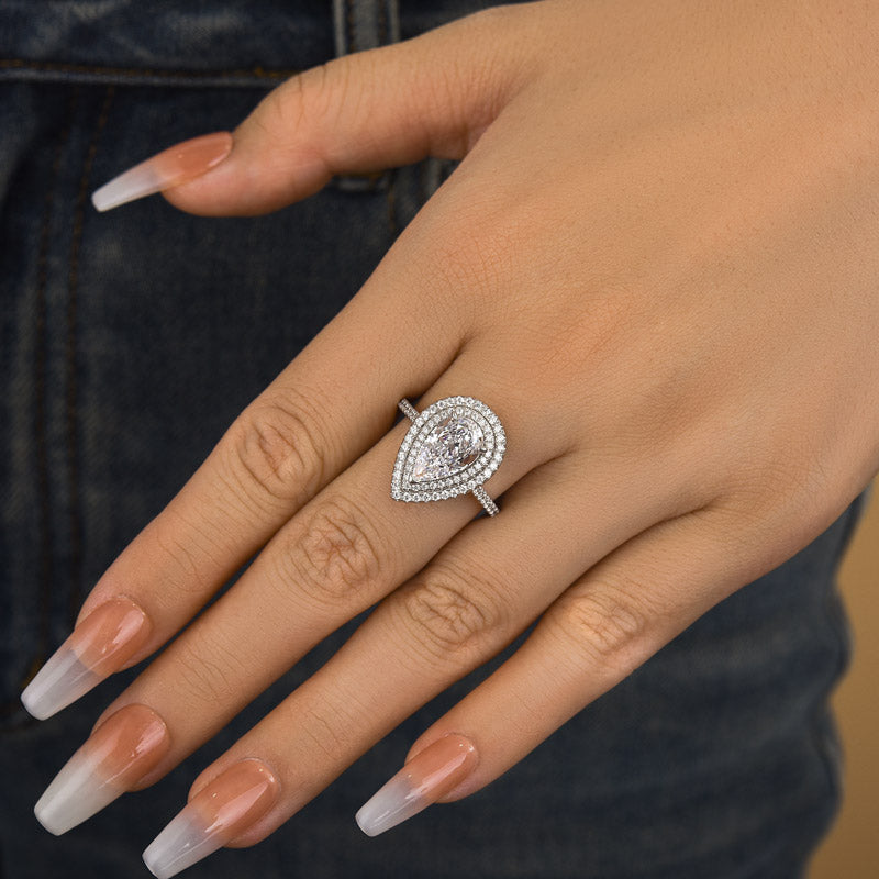 Double Halo Pear Cut Engagement Ring for Women