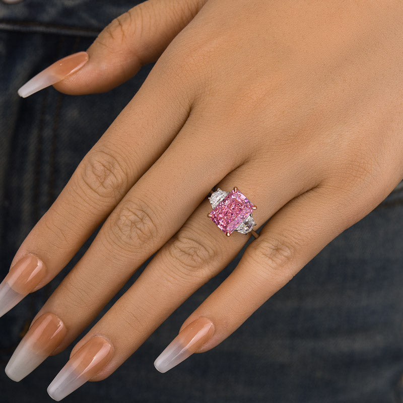 Maxine Gorgeous Pink Stone Radiant Cut Three Stone Engagement Ring