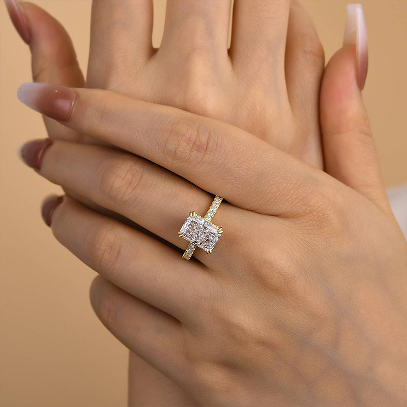 Stunning Yellow Gold Radiant Cut Sona Simulated Diamond Engagement Ring In Sterling Silver