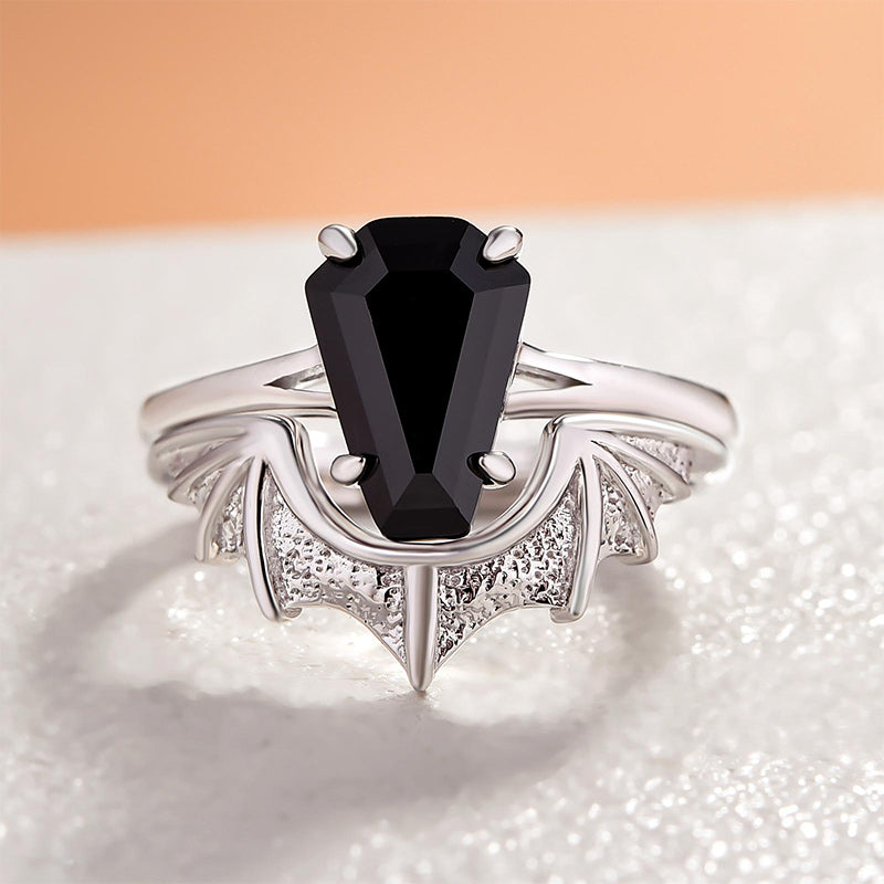Dark Split Shank Coffin Cut Wedding Ring Set For Women In Sterling Silver