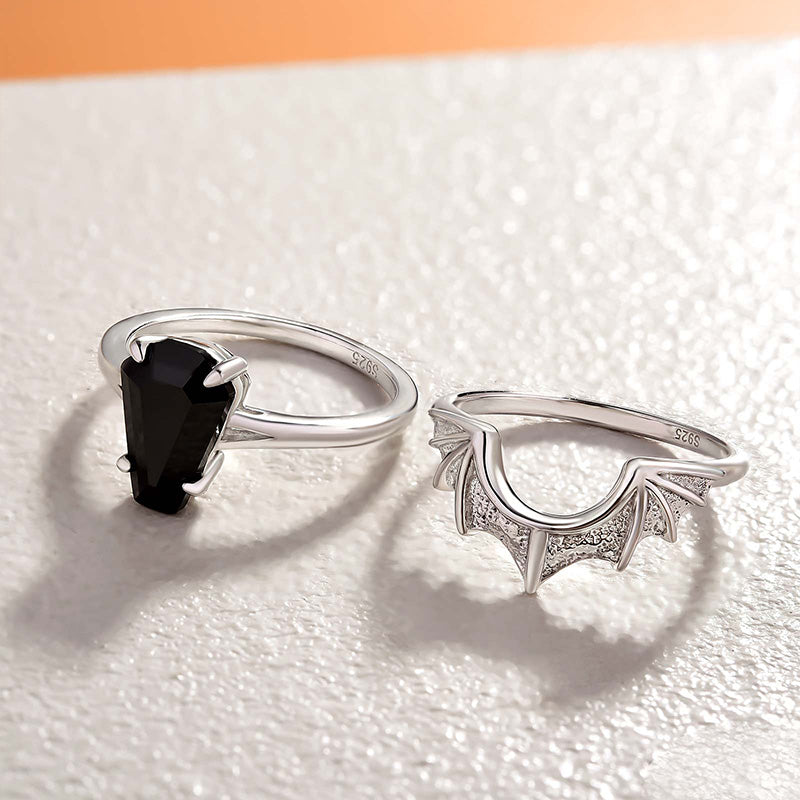 Dark Split Shank Coffin Cut Wedding Ring Set For Women In Sterling Silver
