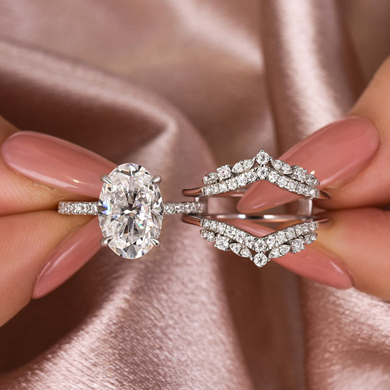 Moissanite 4.0 Ct Oval Cut Insert Wedding Ring Set With Jacket Stack Wedding Band