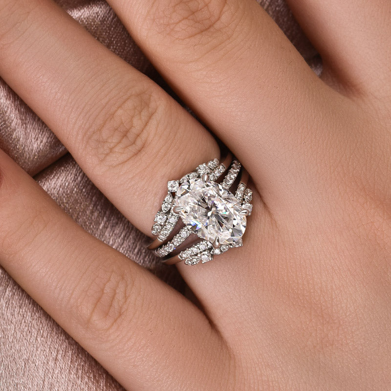 Moissanite 4.0 Ct Oval Cut Insert Wedding Ring Set With Jacket Stack Wedding Band