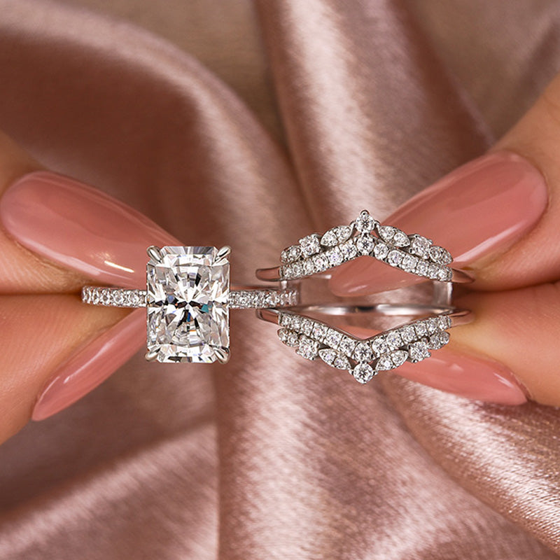 Moissanite 3.5 Ct Radiant Cut Insert Wedding Ring Set With Jacket Stack Wedding Band